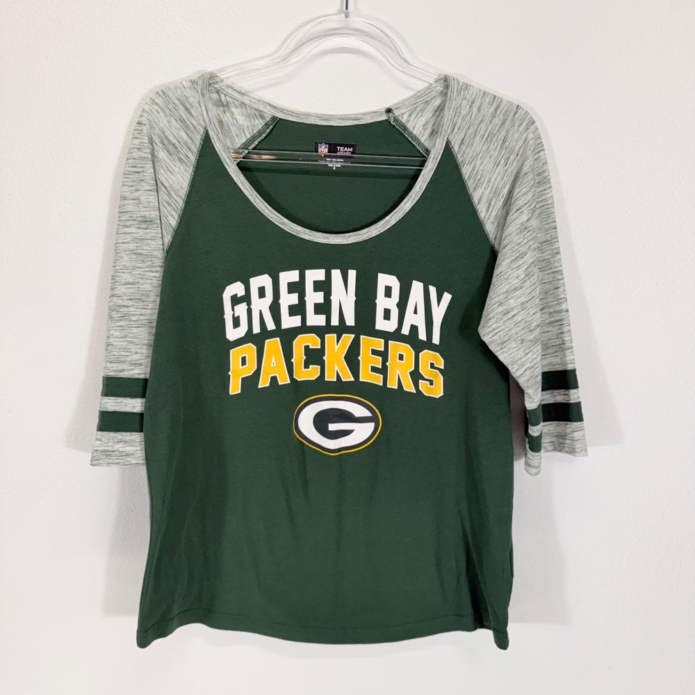Green Bay Packers NFL 3/4 Raglan Sporty Gameday Football Green Gray T-Shirt M